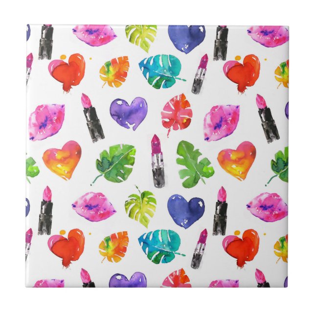 Carreau Arc-en-ciel aquarelle palme feuilles pin baiser ro (Devant)