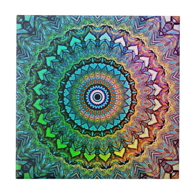 Carreau Arc-en-ciel et coeurs amusants Mandala (Devant)