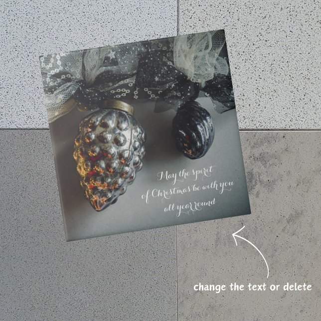 Carreau Argent noir rétro ornements de Noël avec ruban (Créateur téléchargé)