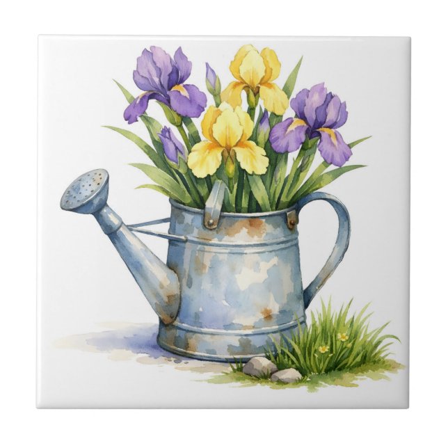 Carreau Arrosoir à l'aquarelle avec fleurs d'iris  (Devant)