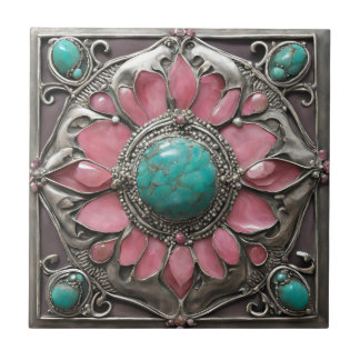 Carreau Art Abstrait en mosaïque rose argent et turquoise