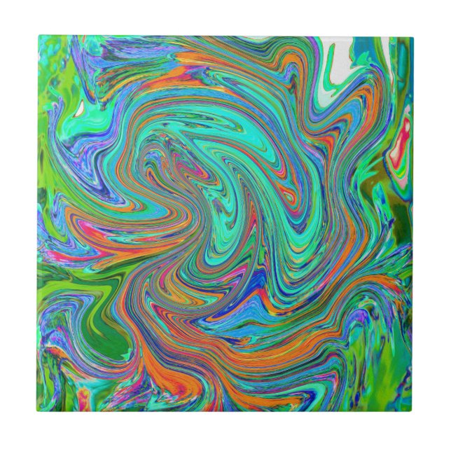 Carreau Art abstrait rétro groovy Aqua, Orange et Vert (Devant)