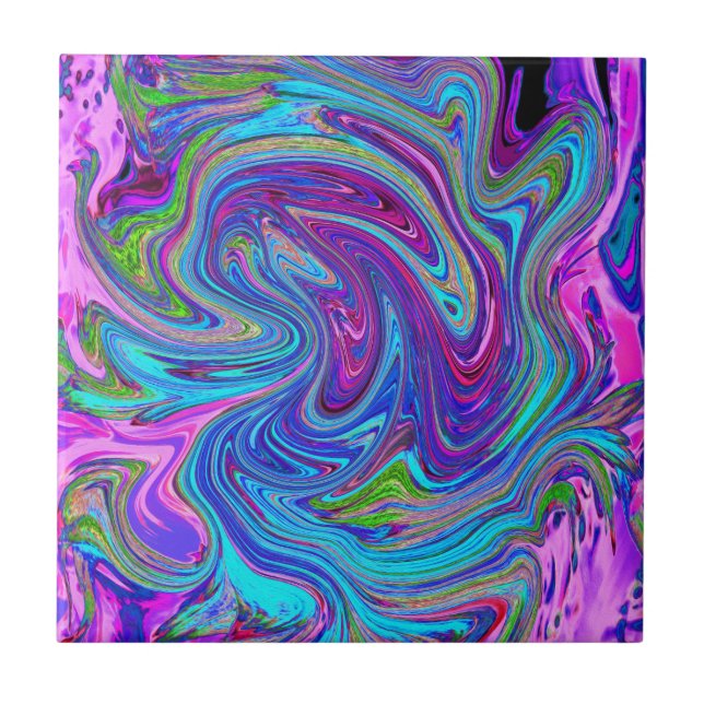 Carreau Art Abstrait Rétro Groovy Bleu, Rose et Violet (Devant)