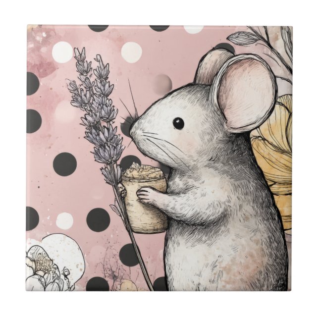 Carreau Art aquarelle florale de souris fantaisiste (Devant)