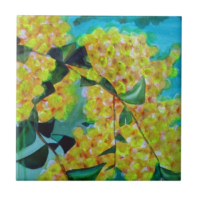 Carreau Art australien indigène de fleur d'acacia jaune (Devant)