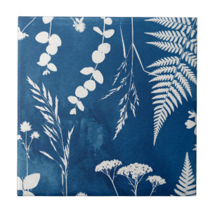 Carreau Art botanique de fougère au cyanotype bleu indigo