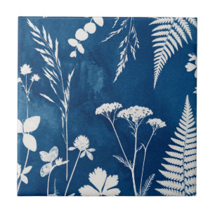 Carreau Art botanique de fougère au cyanotype bleu indigo