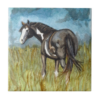Carreau Art d'aquarelle du Cheval de peinture noir et blan