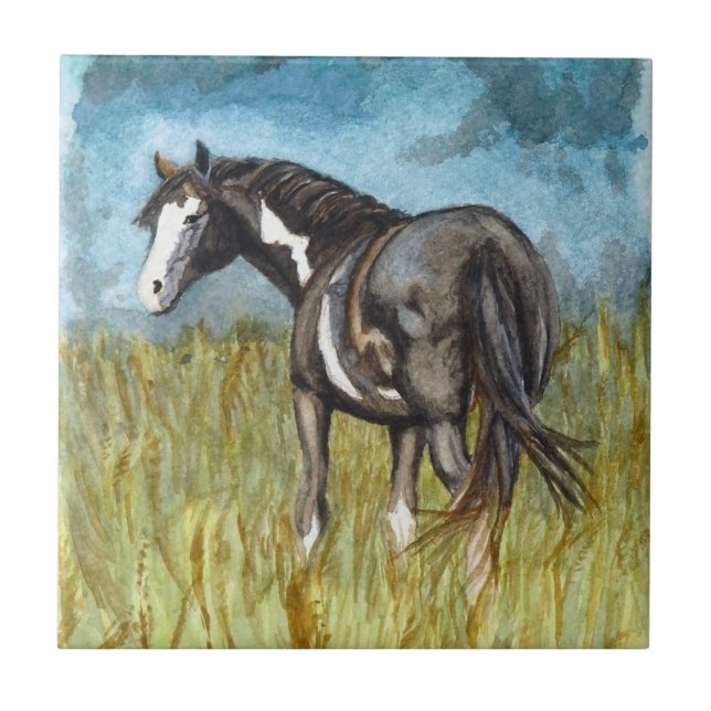 Carreau Art d'aquarelle du Cheval de peinture noir et blan (Devant)