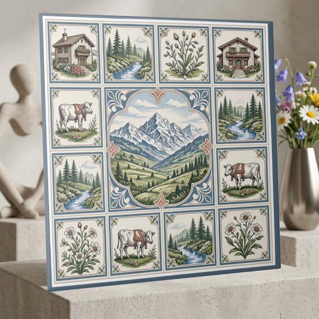 Carreau Art de chalet rustique vaches prairies alpines enn (Snow Alpine Rolling Meadows Cows Rustic Chalet Art Ceramic Tile)