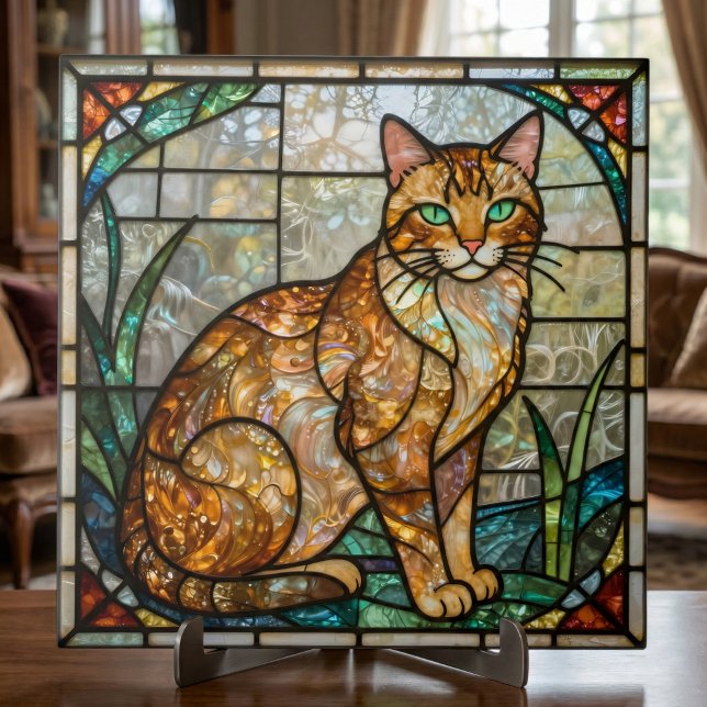 Carreau Art de faux vitrail de chat roux orange (Créateur téléchargé)