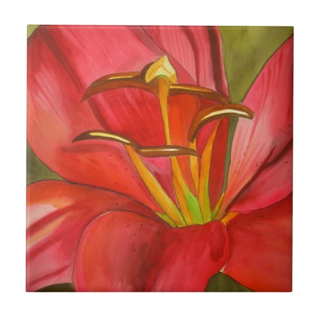 Carreau Art de fleur d'aquarelle d'origine du lys rouge (Devant)