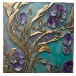 Carreau Art de Fleur Violette Élégante sur Branche Métalli