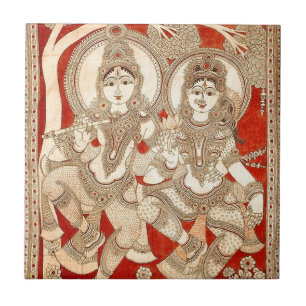 CARREAU ART DE LA DANSE RADHA KRISHNA KALAMKARI DE L'INDE