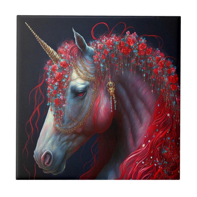 Carreau Art de l'Imaginaire de la licorne rouge (Devant)