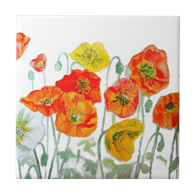 Carreau Art de motif de fleur d'aquarelle de pavot rouge o (Devant)