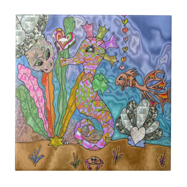 Carreau Art de Tortue de Mer Cheval Marin Psychédélique (Devant)