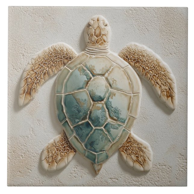 Carreau Art de Tortue de Mer Côtière Aqua et Sable (Devant)