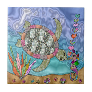 Carreau Art de tortue de mer hippocampe psychédélique