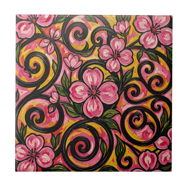 Carreau Art de tourbillon floral rose vibrant (Devant)