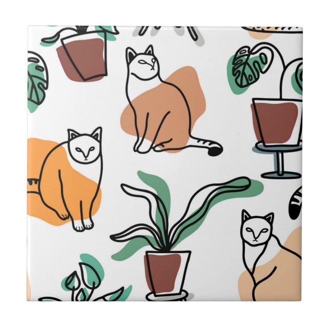 Carreau Art de trait dessin chats et fleurs (Devant)
