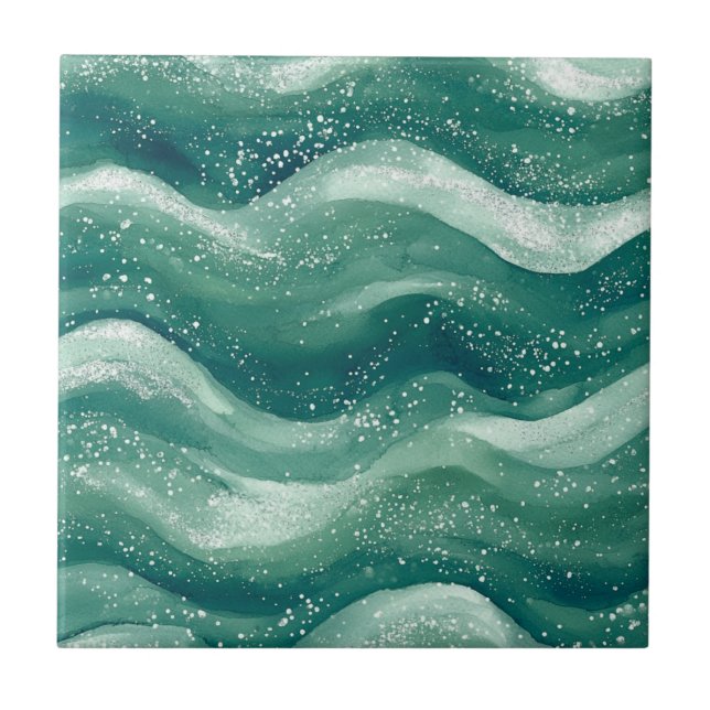 Carreau Art de vague d'océan à l'aquarelle sarcelle apaisa (Devant)