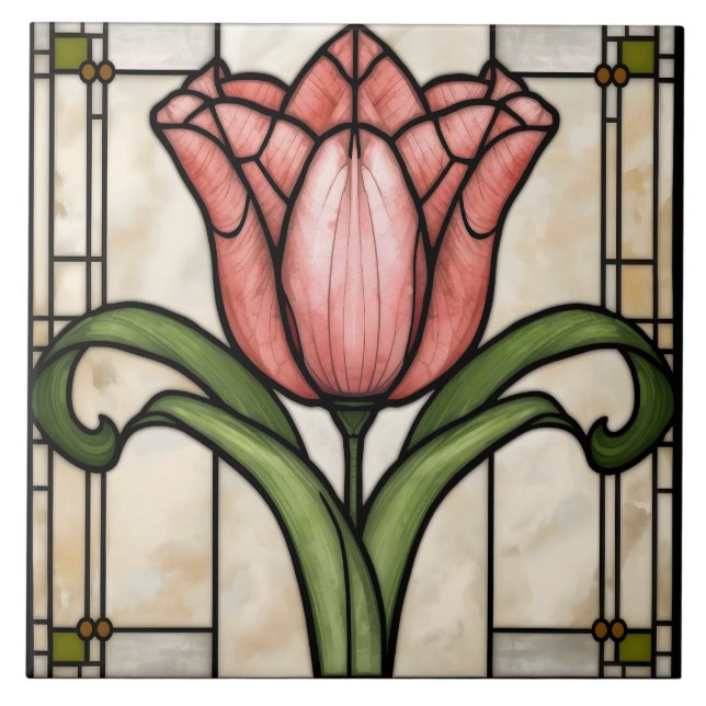 Carreau Art de vitrail de tulipe rose  (Devant)
