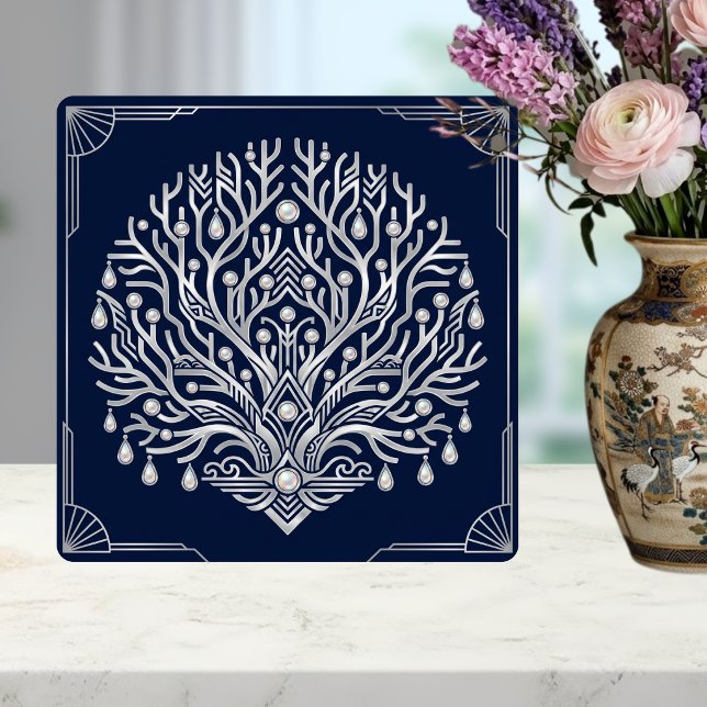 Carreau Art Déco Arbre en Argent Perles Marine Navy (Créateur téléchargé)