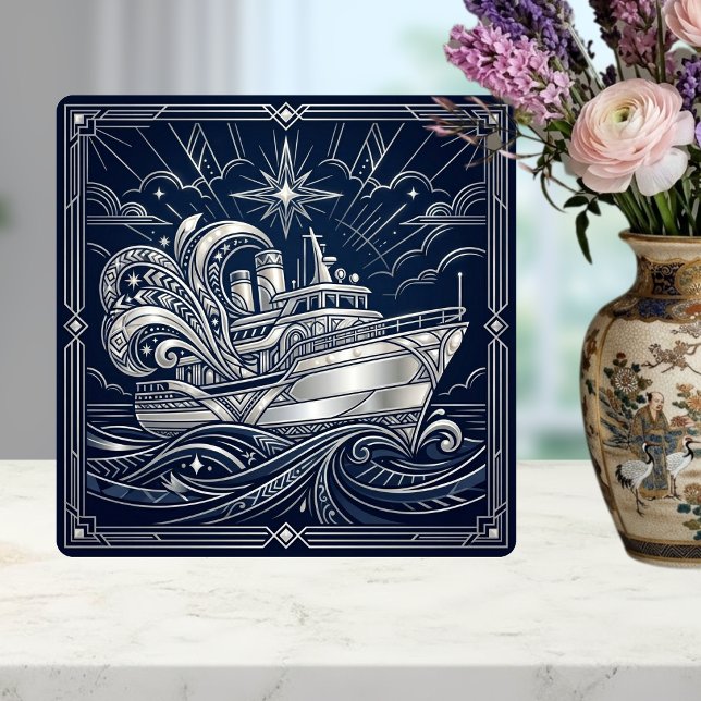 Carreau Art Déco Argent Bateau Vagues Océaniques Nuit Étoi (Créateur téléchargé)