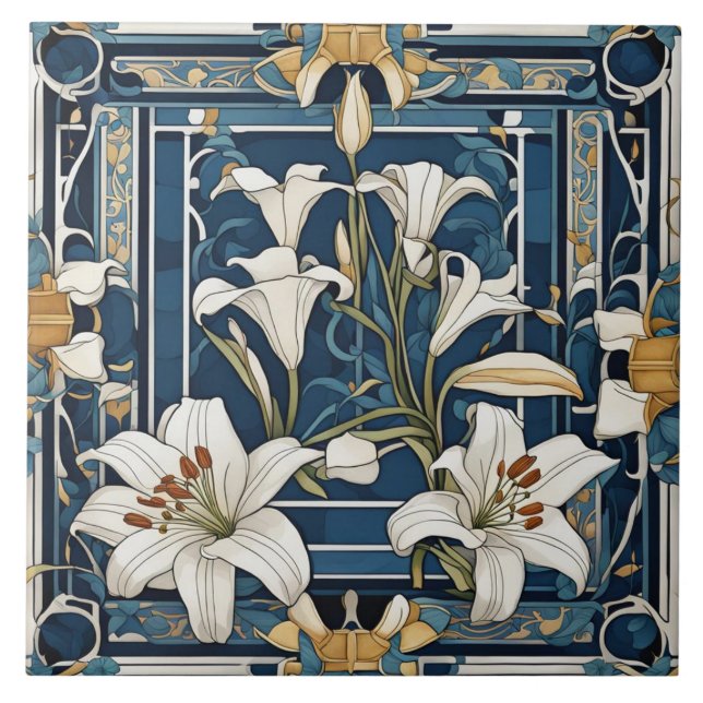 Carreau Art Déco Art Nouveau Blanc Lit Fleur Bleu Floral (Devant)