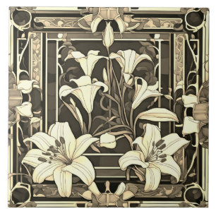 Carreau Art Déco Art Nouveau Crème Lily Fleur Gris Floral
