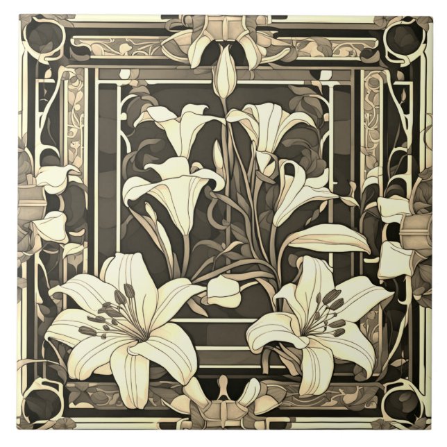 Carreau Art Déco Art Nouveau Crème Lily Fleur Gris Floral (Devant)
