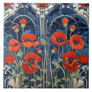 Carreau Art Déco Art Nouveau Fleurs de Pavot Rouge Bleu