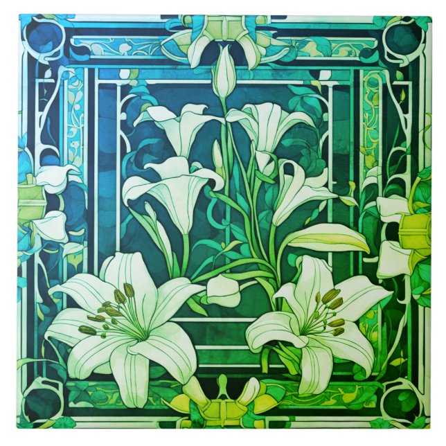Carreau Art Déco Art Nouveau Lily Fleur vert Floral (Devant)