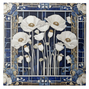 Carreau Art Déco Art Nouveau Pavot Blanc Fleurs Bleu