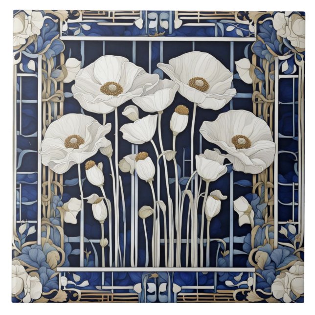 Carreau Art Déco Art Nouveau Pavot Blanc Fleurs Bleu (Devant)