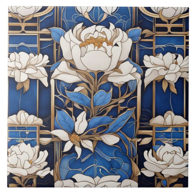 Carreau Art Déco Art Nouveau Peine blanche Fleur Bleu (Devant)