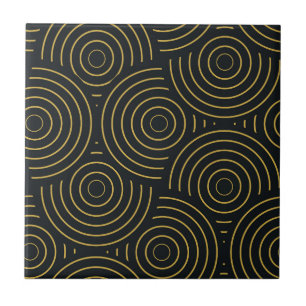 Carreau Art Déco Cercles Dorés Superposés sur Fond Noir