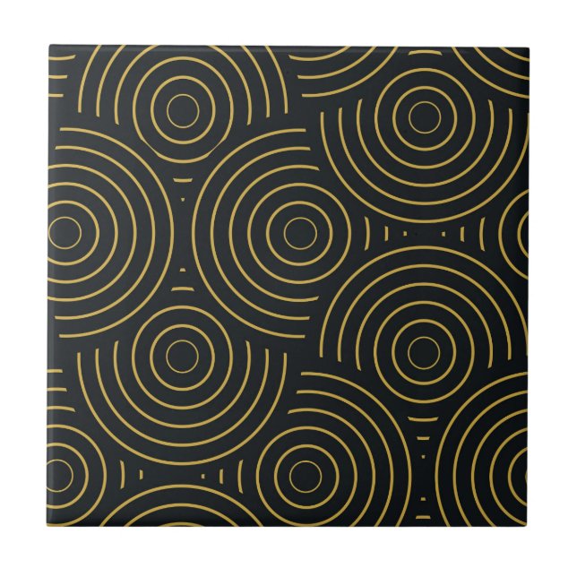 Carreau Art Déco Cercles Dorés Superposés sur Fond Noir  (Devant)