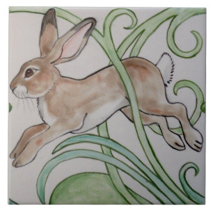 Carreau Art Déco Coureur Rabbit Designer Tile Trivet Vert
