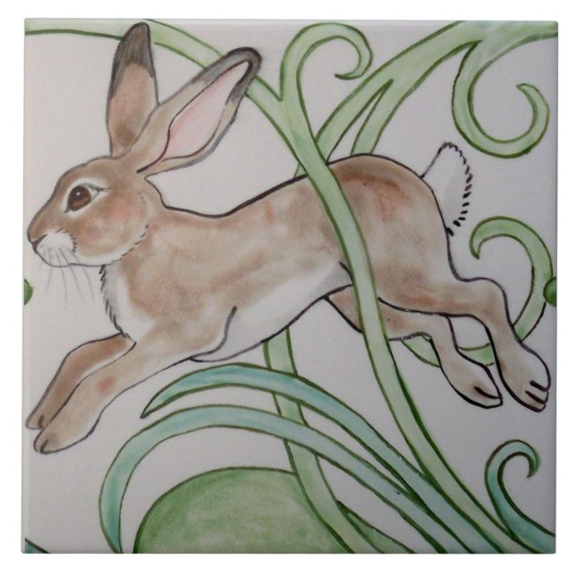 Carreau Art Déco Coureur Rabbit Designer Tile Trivet Vert (Devant)