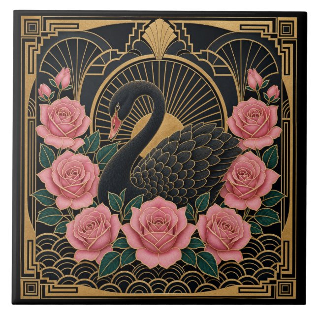 Carreau Art Déco Cygne Noir et Roses Roses (Devant)