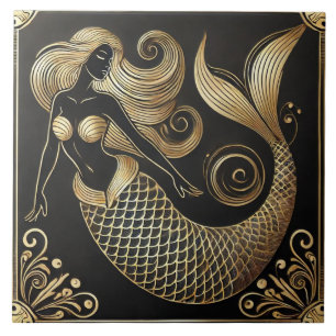 Carreau Art Déco de sirène en noir et or en ligne artistiq