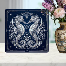 Art Déco Deux Hippocampes Mère de Perle Bleu