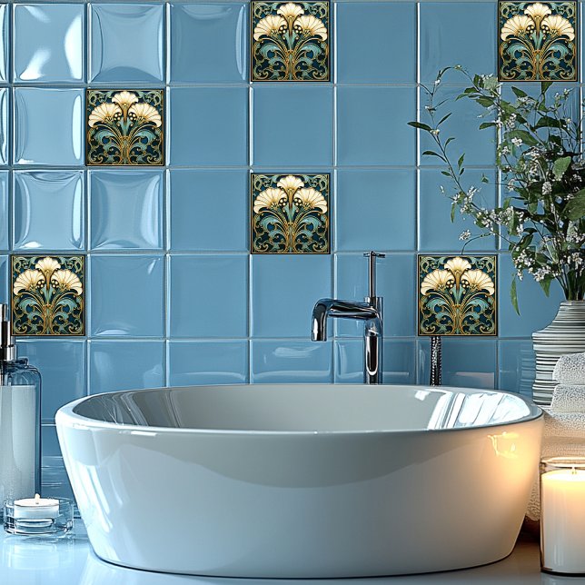Carreau Art Déco Fleur Blanche Turquoise Bleu Or (Créateur téléchargé)