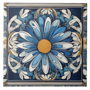 Carreau Art déco Fleur marguerite bleue et blanche Art Nou