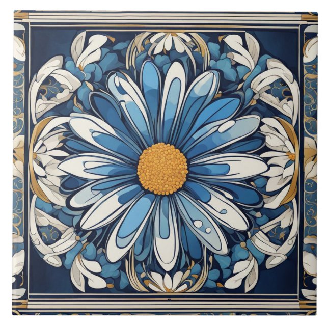 Carreau Art déco Fleur marguerite bleue et blanche Art Nou (Devant)