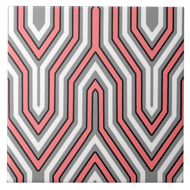 Carreau Art Déco Géométrique - corail, gris et blanc (Devant)