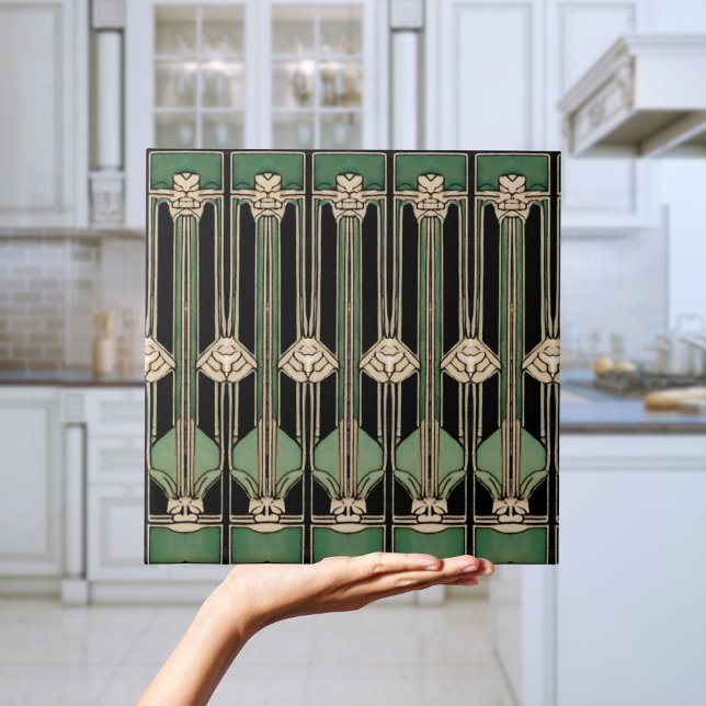 Carreau Art déco géométrique vert Art nouveau (Green Geometric Art Deco Art Nouveau Tile)