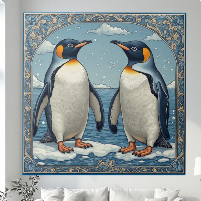Carreau Art Deco Ice Birds Penguin Couple Snow Blue Ocean  (Art Deco Ice Birds Penguin Couple Snow Blue Ocean Ceramic Tile)